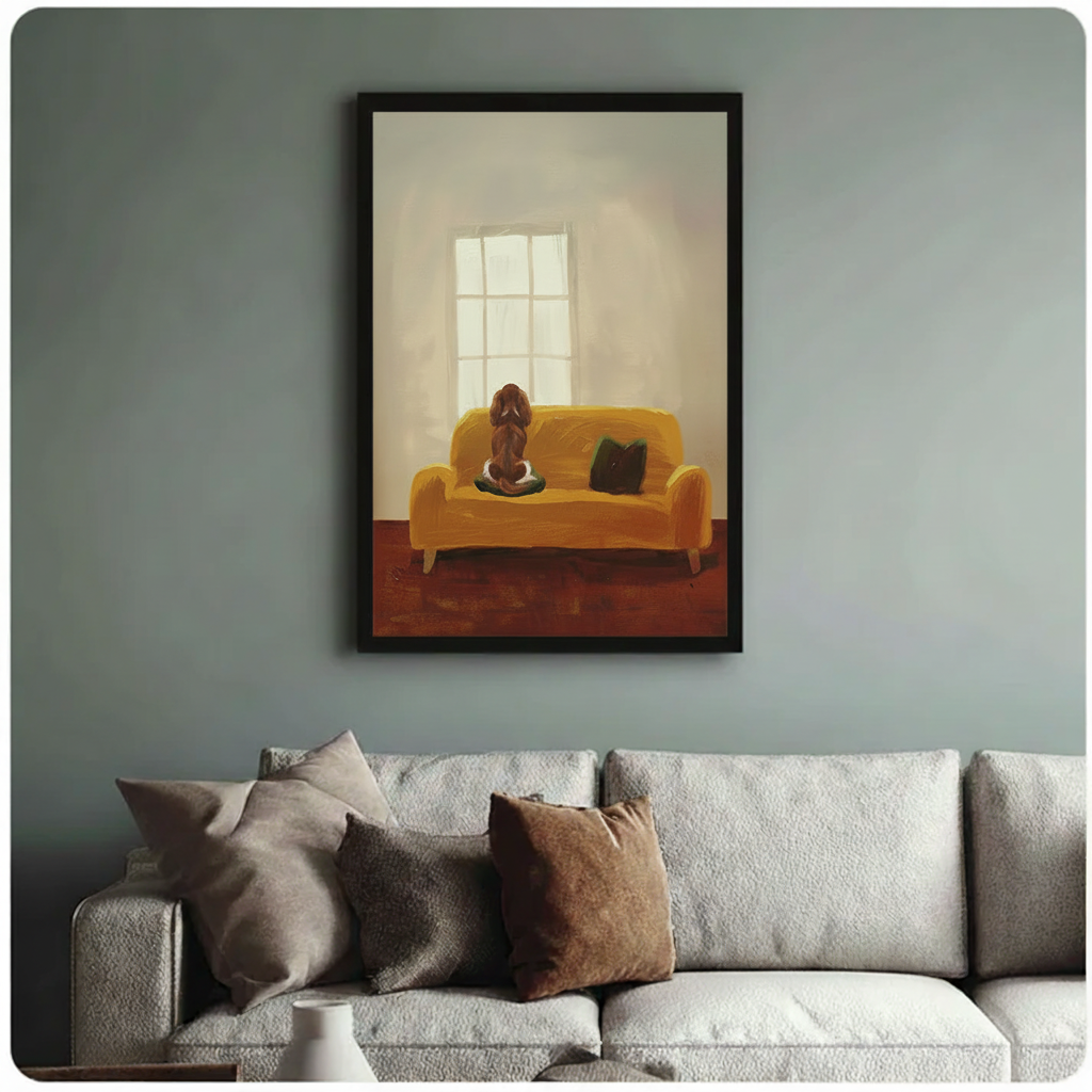 Impressionist Dog on Sofa Framed Canvas Art Wall Art