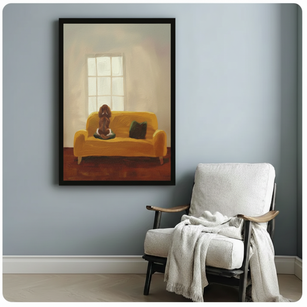 Impressionist Dog on Sofa Framed Canvas Art Wall Art
