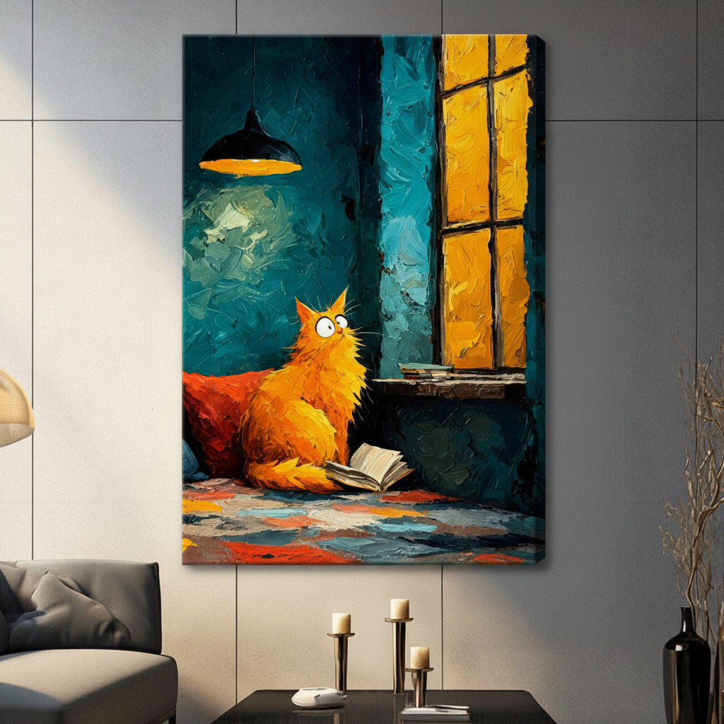 Orange Cat Reading Oil Painting Canvas Wall Art