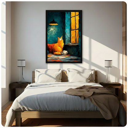 Orange Cat Reading Oil Painting Canvas Wall Art