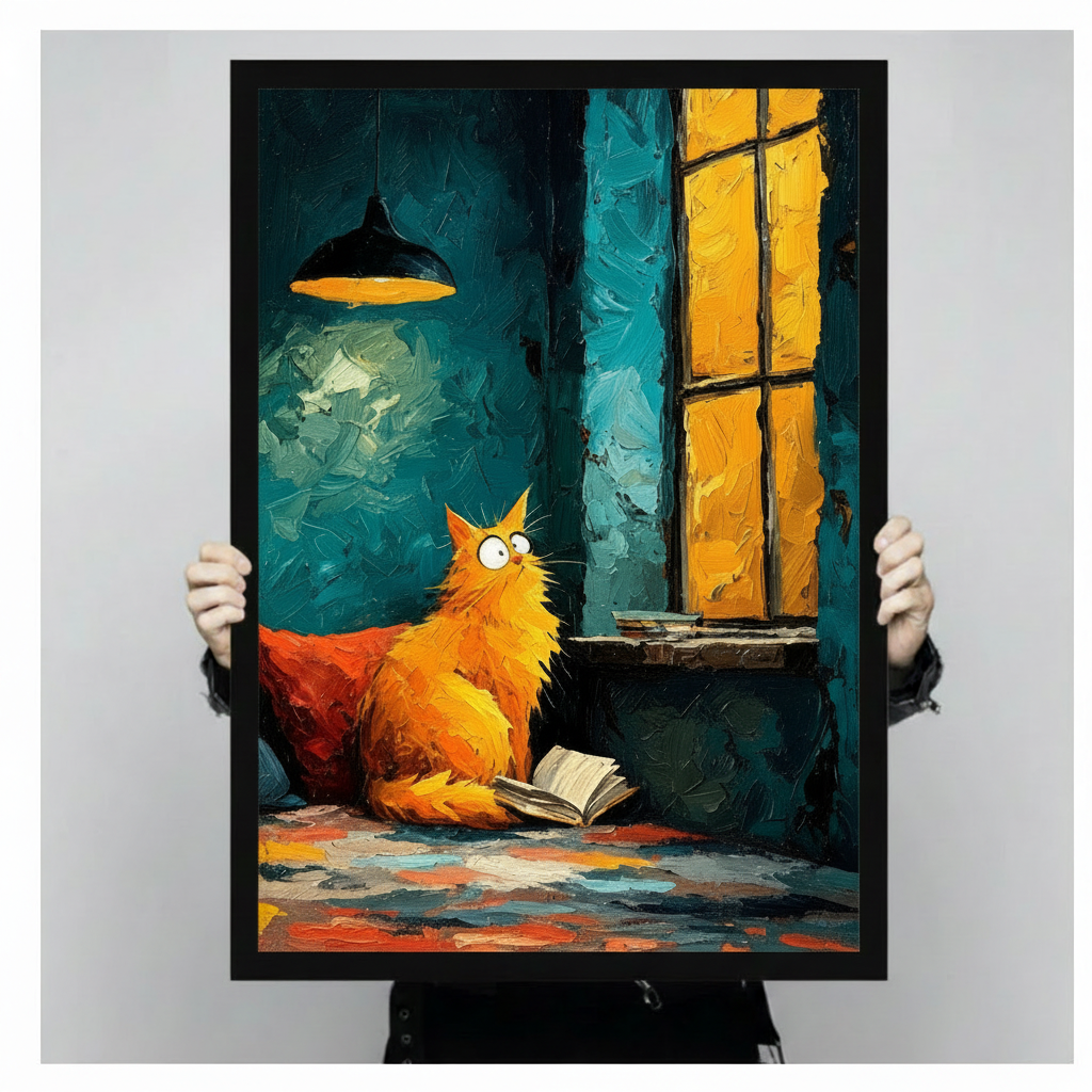 Orange Cat Reading Oil Painting Canvas Wall Art