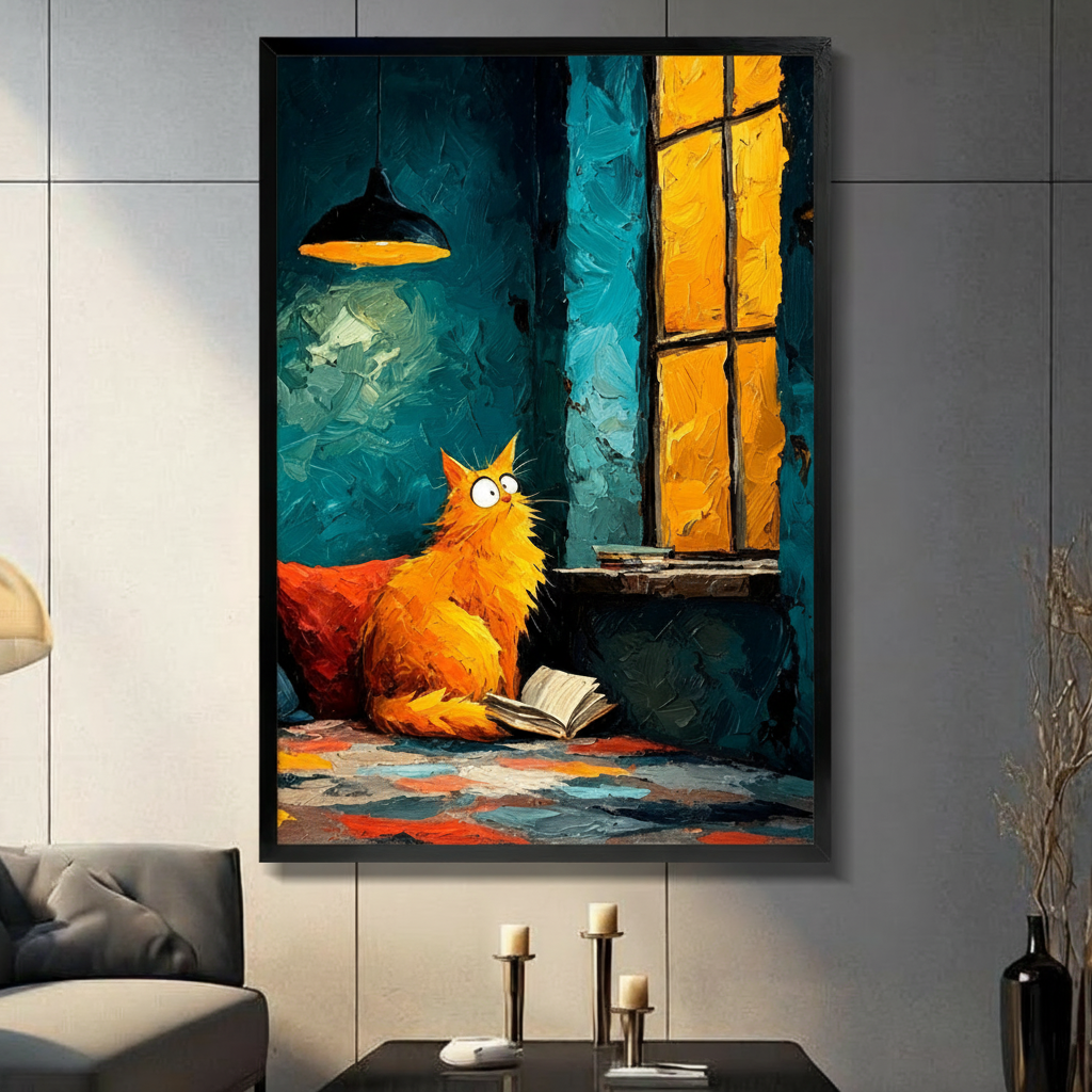 Orange Cat Reading Oil Painting Canvas Wall Art