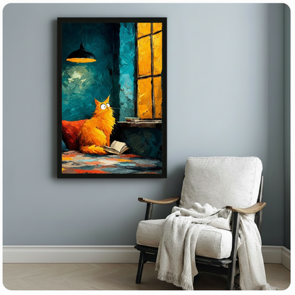 Orange Cat Reading Oil Painting Canvas Wall Art