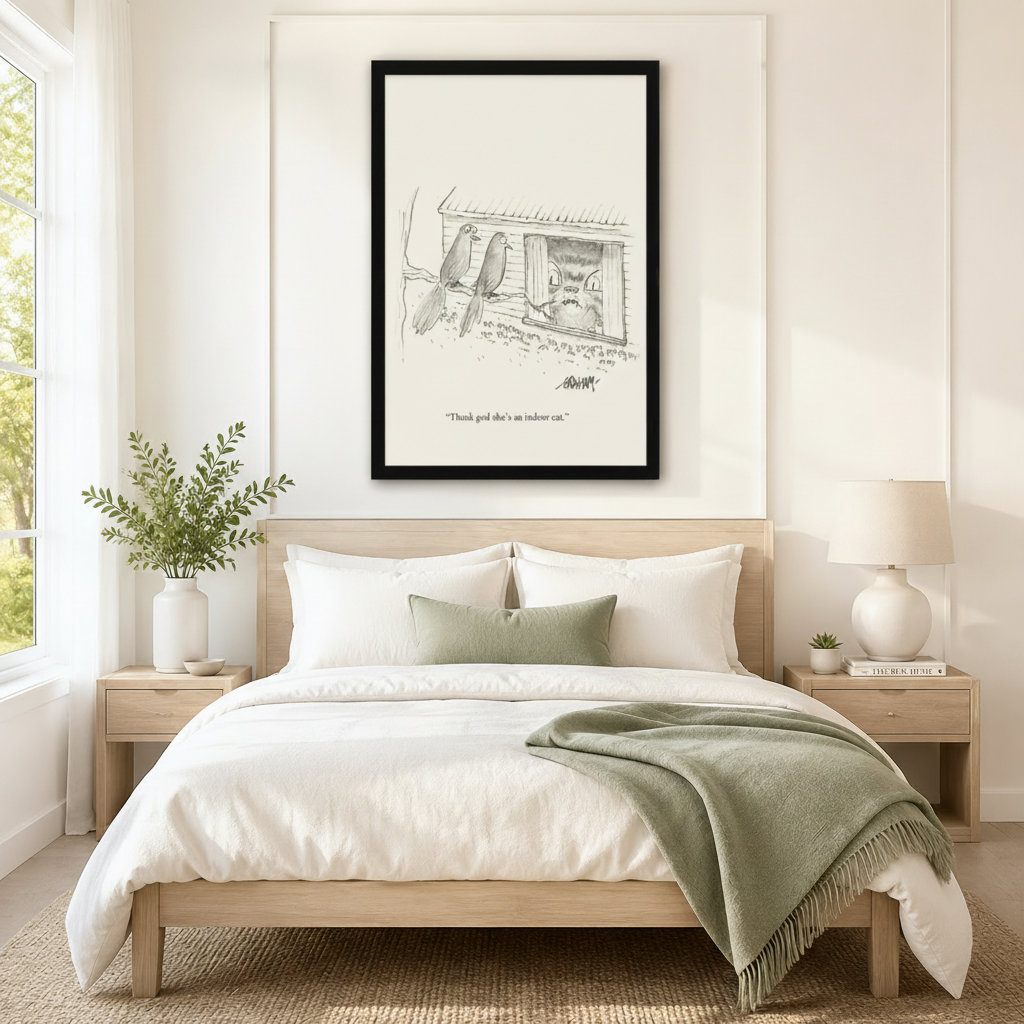 Funny Indoor Cat Bird Cartoon Canvas Wall Art