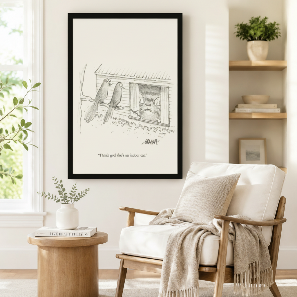 Funny Indoor Cat Bird Cartoon Canvas Wall Art