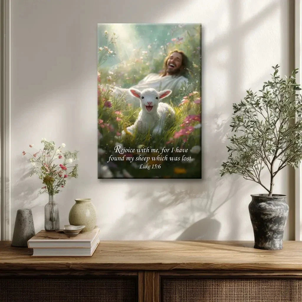 rejoice with me for i have found my sheep which was lost luke 15 6 christian wall art canvas (view 3)