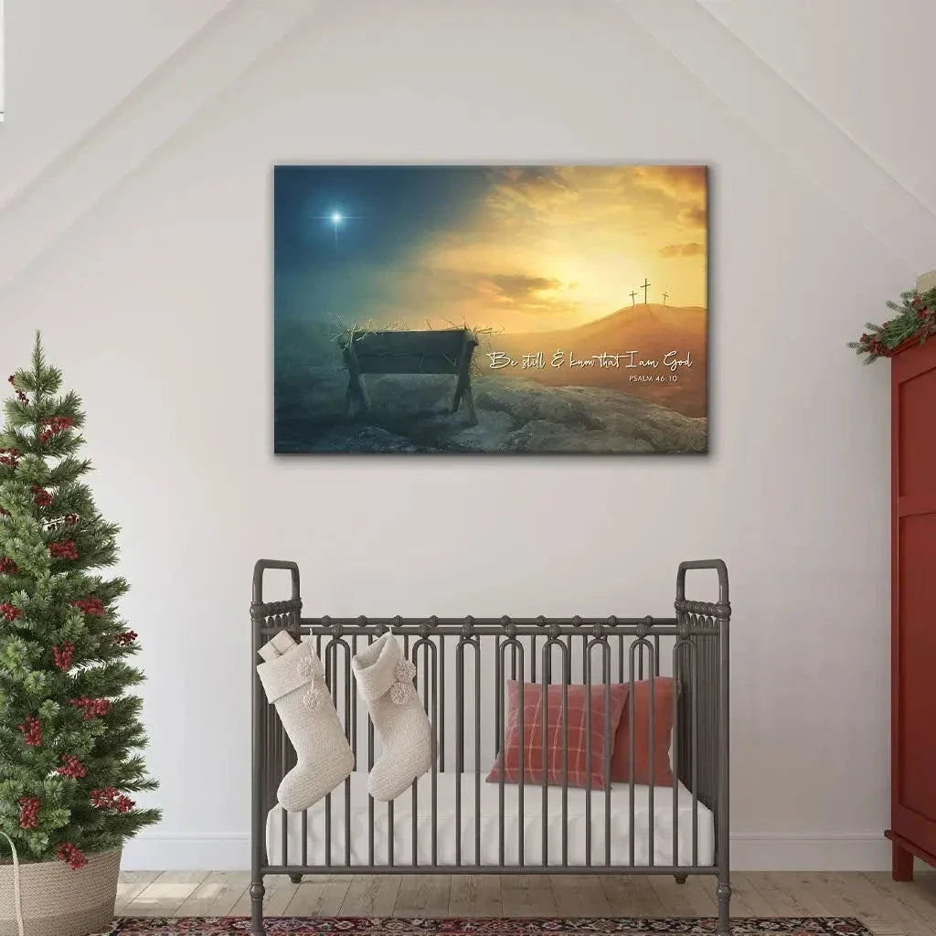 christian wall art canvas be still and know psalm 46 10 manger cross star (Landscape) (view 6)