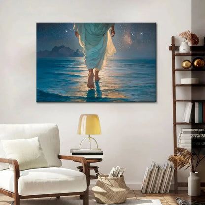 jesus walking on water christian wall art canvas calm sea glowing night sky (Landscape) (view 3)