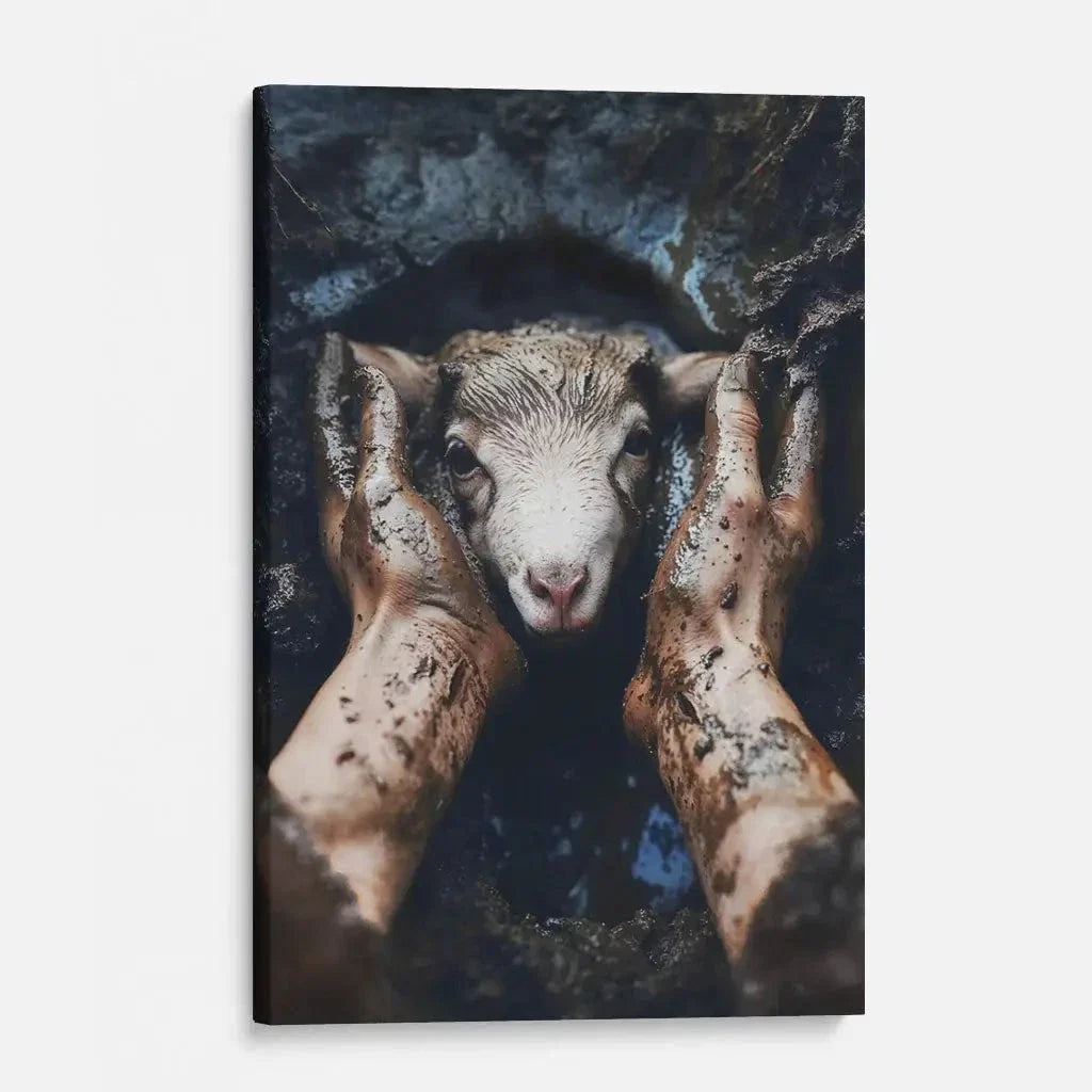 jesus rescues the lost lamb in the mud christian wall art canvas (view 5)