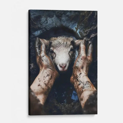 jesus rescues the lost lamb in the mud christian wall art canvas (view 5)