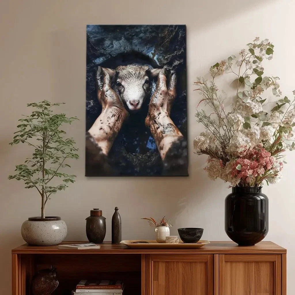 jesus rescues the lost lamb in the mud christian wall art canvas (view 6)