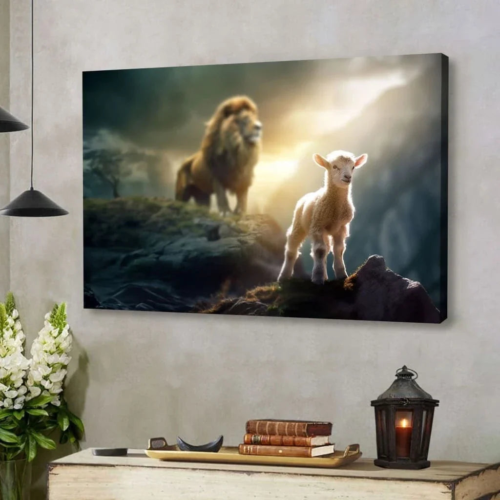 lamb is bold because lion is near christian wall art canvas (Landscape) (view 4)