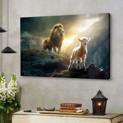 lamb is bold because lion is near christian wall art canvas (Landscape) (view 4)