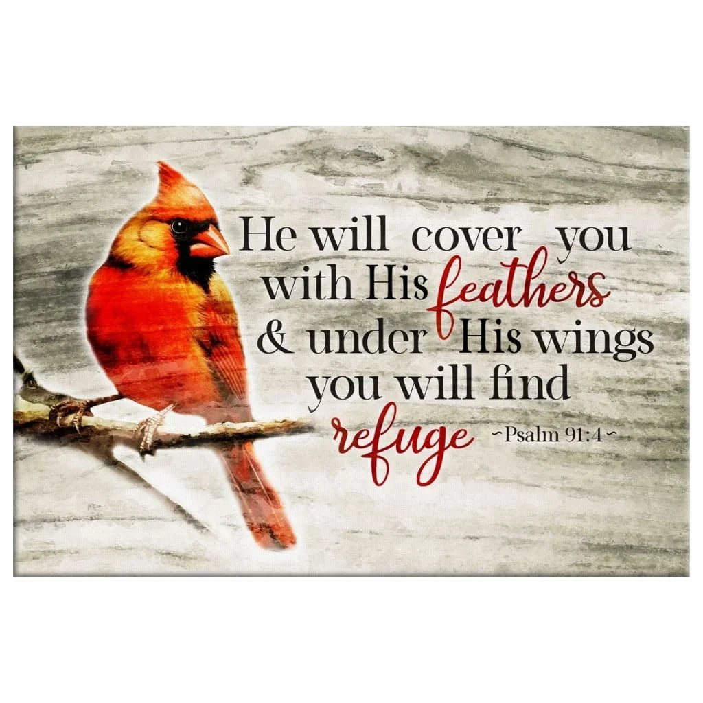 he will cover you with his feathers psalm 91 4 cardinal bird wall art canvas (Landscape) (view 3)