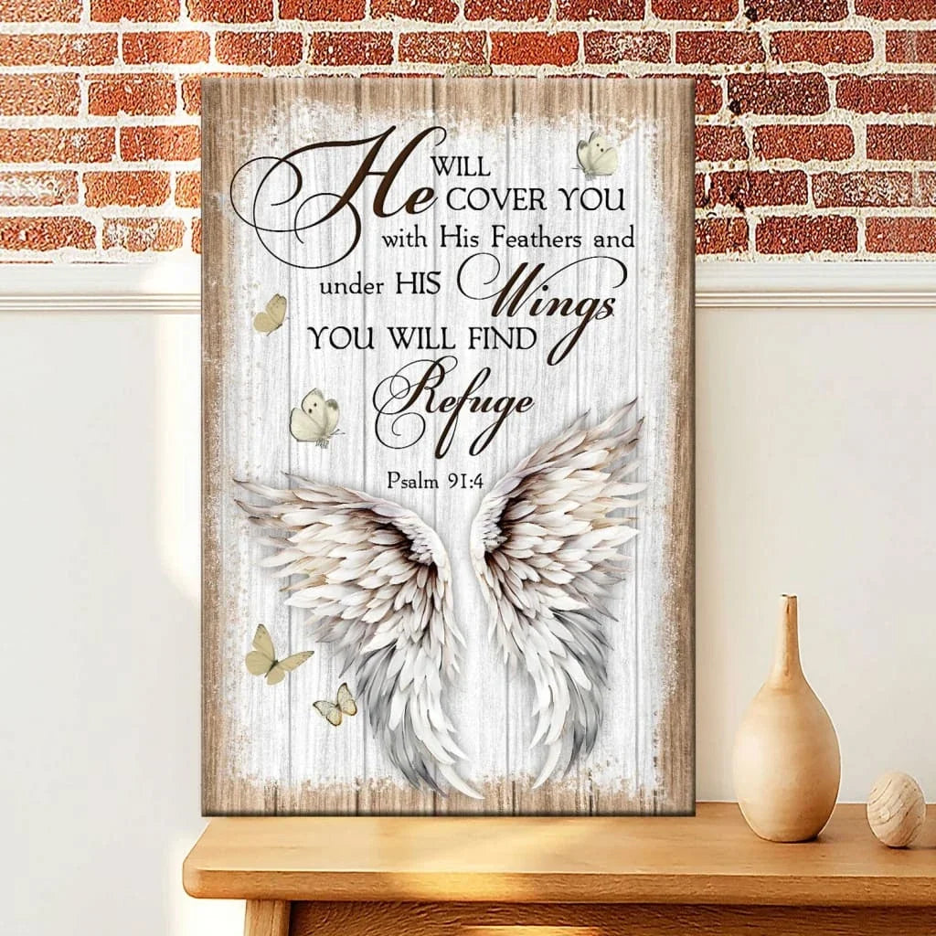 rustic psalm 91 4 he will cover you with his feathers wall art canvas print (Landscape) (view 3)