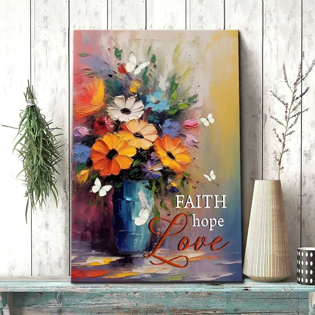 faith hope love butterfly vase with flowers wall art canvas print (view 3)