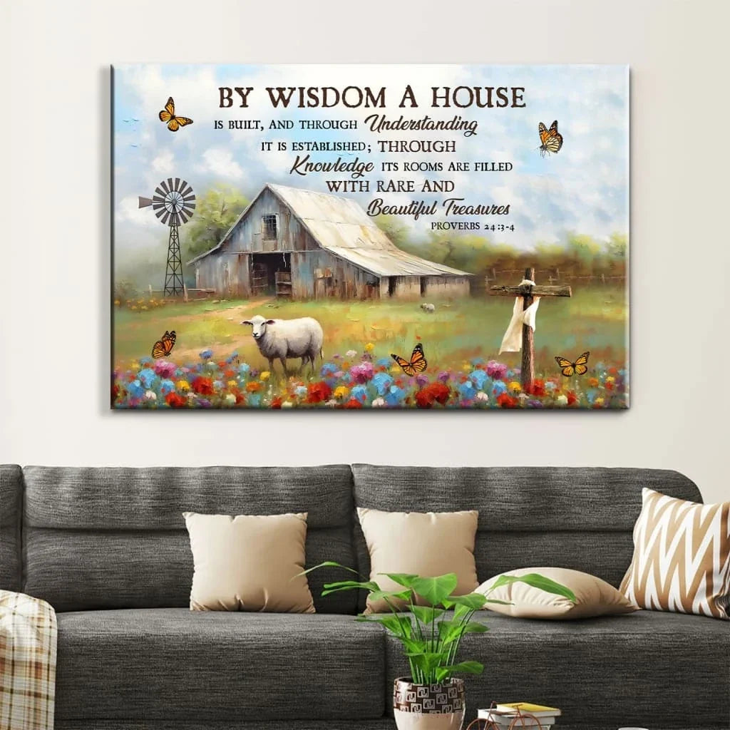 proverbs 24 3 4 by wisdom a house is built canvas old barn sheep christian wall art (Landscape) (view 2)
