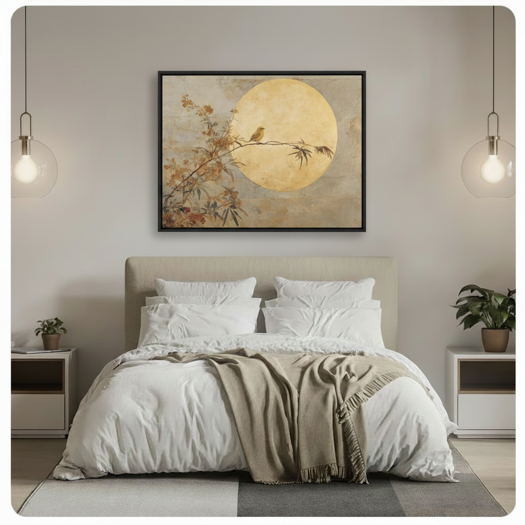 Golden Moon Bird Japandi Canvas Wall Art