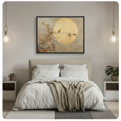 Golden Moon Bird Japandi Canvas Wall Art