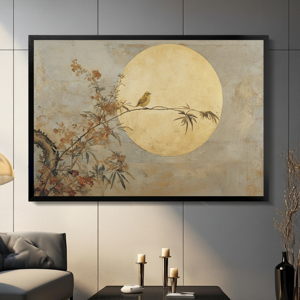 Golden Moon Bird Japandi Canvas Wall Art