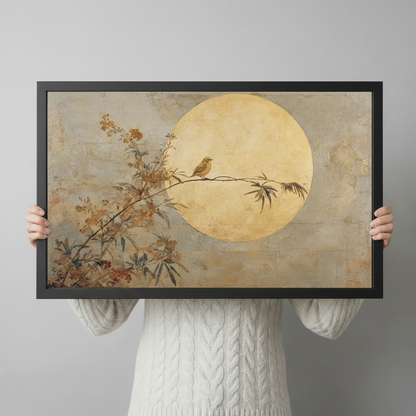 Golden Moon Bird Japandi Canvas Wall Art