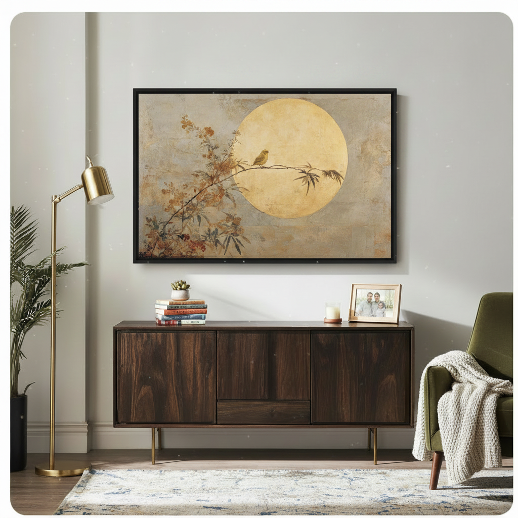 Golden Moon Bird Japandi Canvas Wall Art