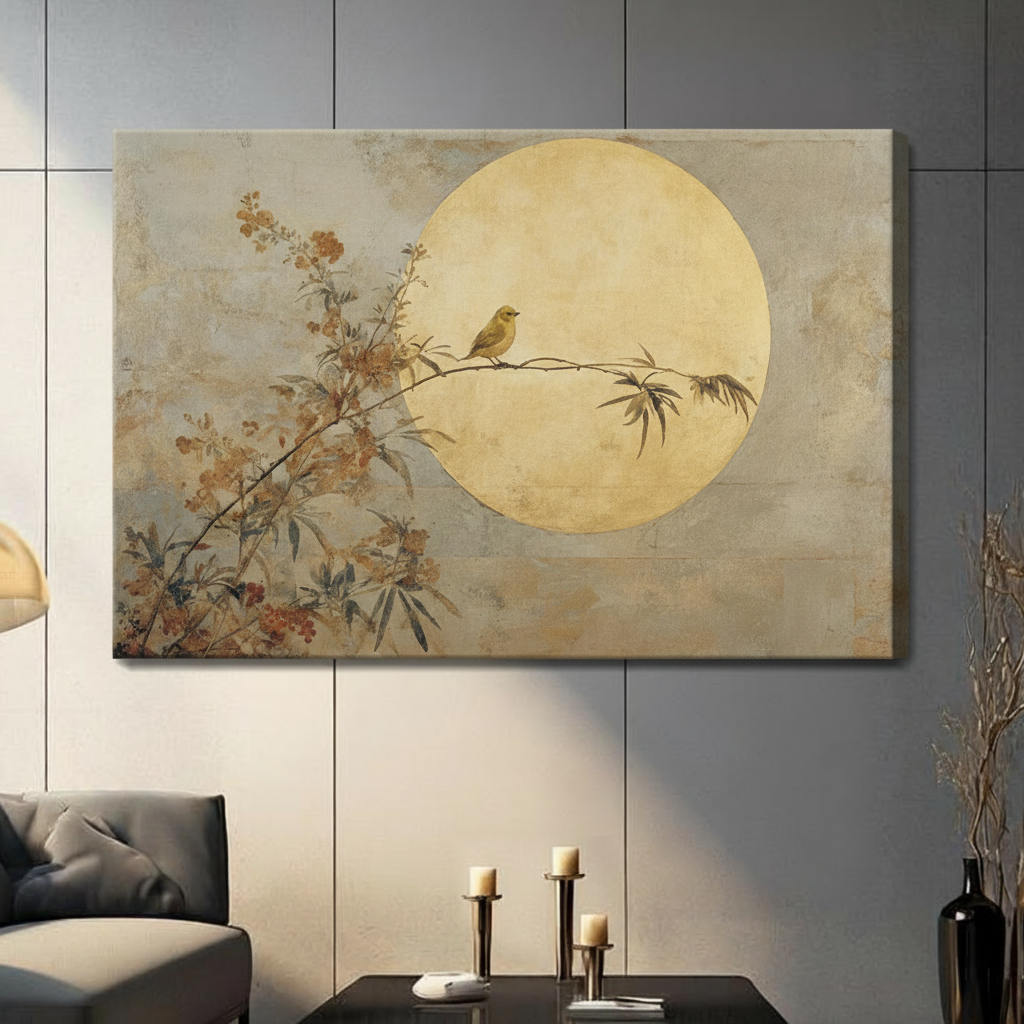 Golden Moon Bird Japandi Canvas Wall Art
