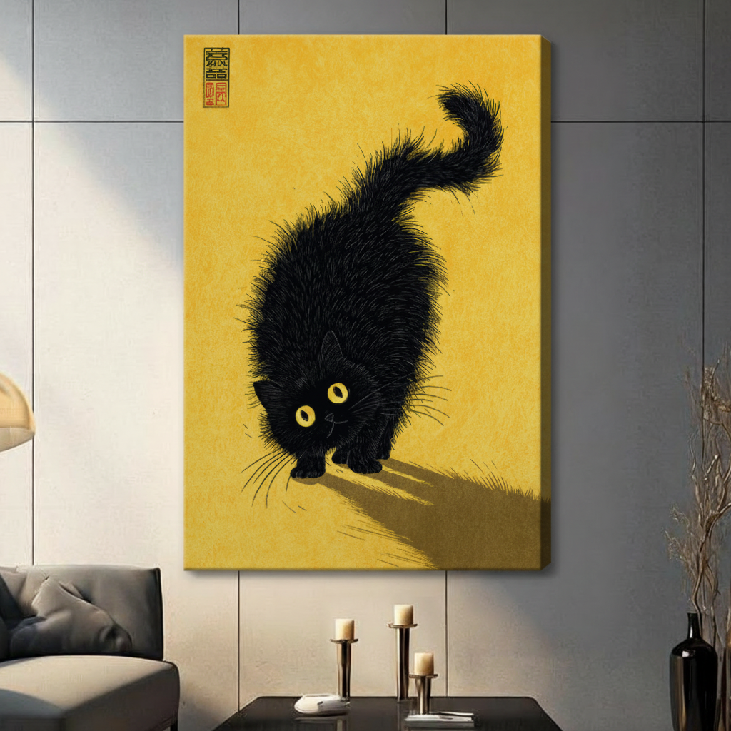 Japanese Ink Black Cat Golden Canvas Wall Art