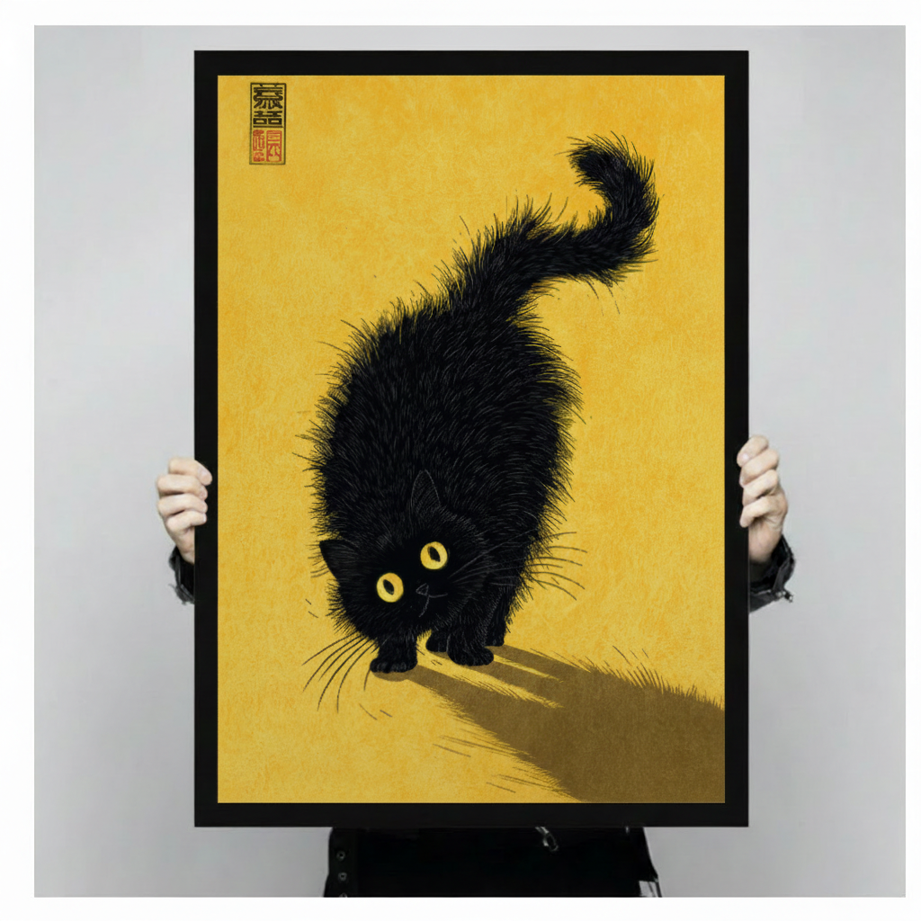 Japanese Ink Black Cat Golden Canvas Wall Art