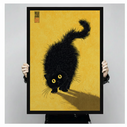 Japanese Ink Black Cat Golden Canvas Wall Art