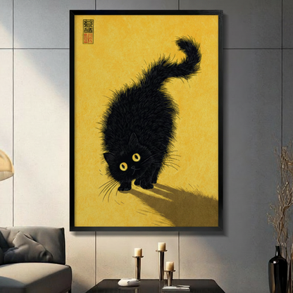 Japanese Ink Black Cat Golden Canvas Wall Art