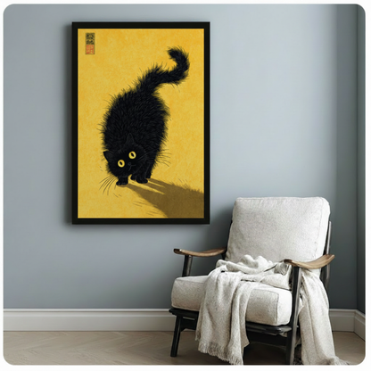 Japanese Ink Black Cat Golden Canvas Wall Art