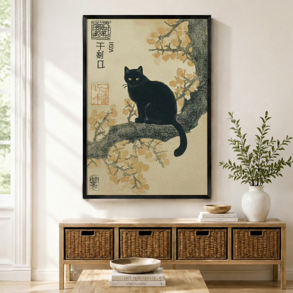 Japanese Black Cat Cherry Blossom Canvas Wall Art
