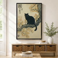 Japanese Black Cat Cherry Blossom Canvas Wall Art