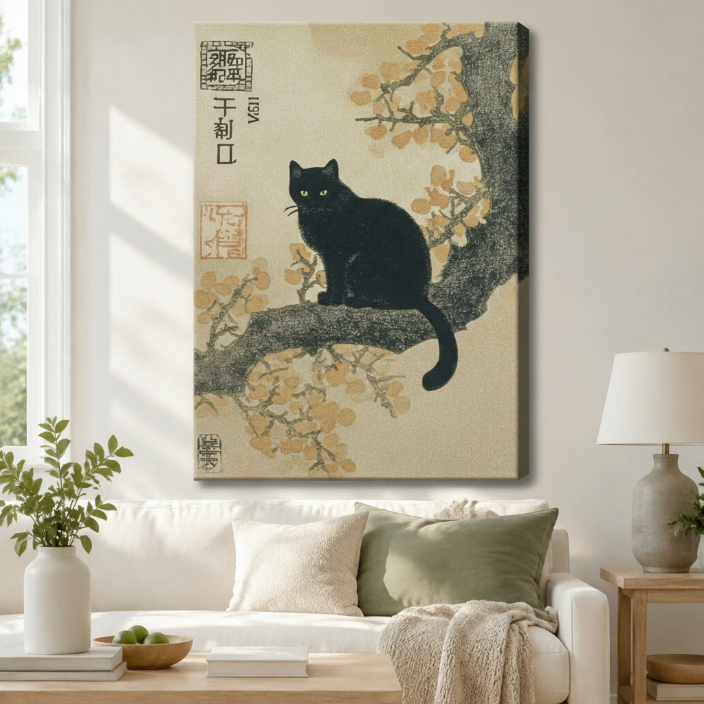 Japanese Black Cat Cherry Blossom Canvas Wall Art