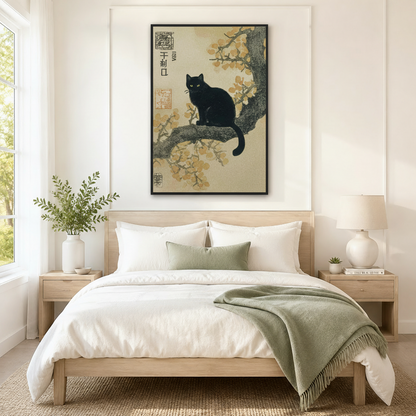 Japanese Black Cat Cherry Blossom Canvas Wall Art