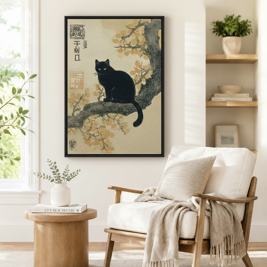 Japanese Black Cat Cherry Blossom Canvas Wall Art