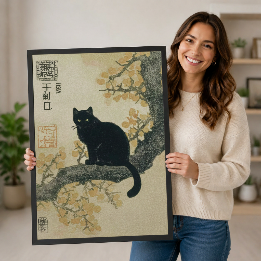 Japanese Black Cat Cherry Blossom Canvas Wall Art