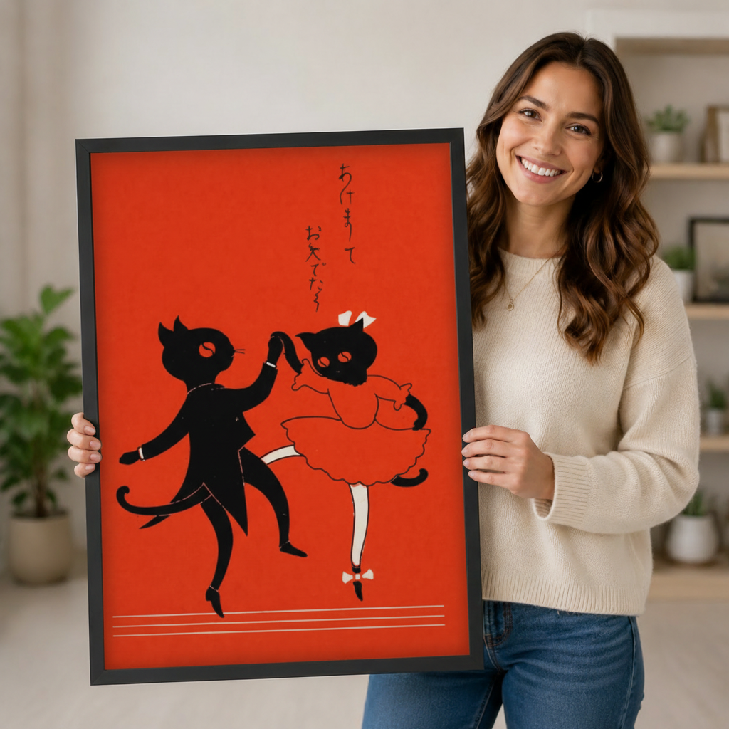 Japanese Retro Dancing Cats Canvas Wall Art