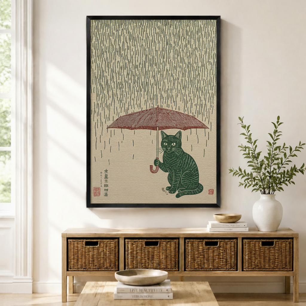 Japanese Cat Rain Woodblock Framed Canvas Art