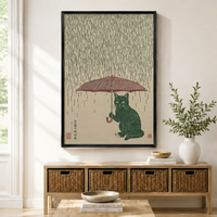 Japanese Cat Rain Woodblock Framed Canvas Art
