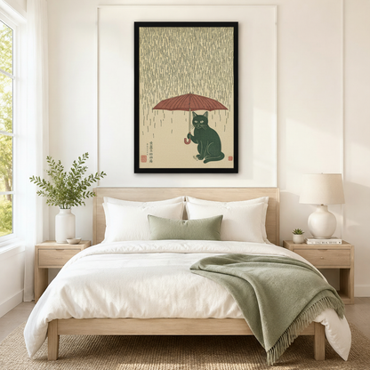 Japanese Cat Rain Woodblock Framed Canvas Art