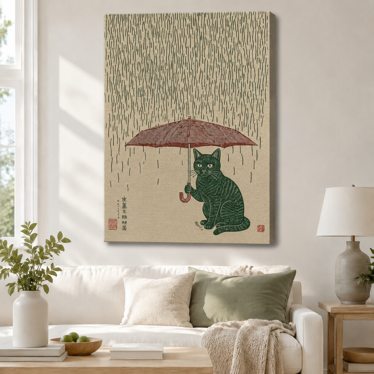 Japanese Cat Rain Woodblock Framed Canvas Art