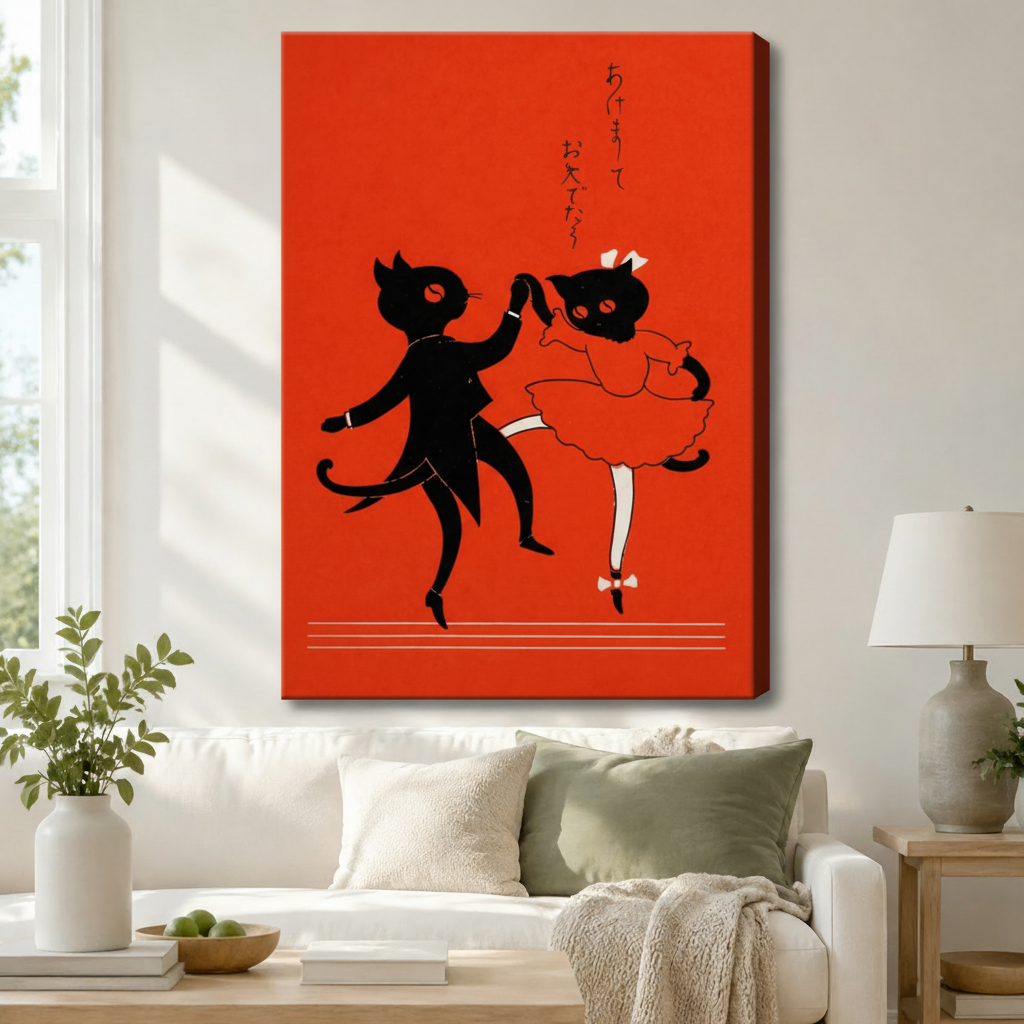 Japanese Retro Dancing Cats Canvas Wall Art