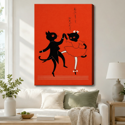 Japanese Retro Dancing Cats Canvas Wall Art