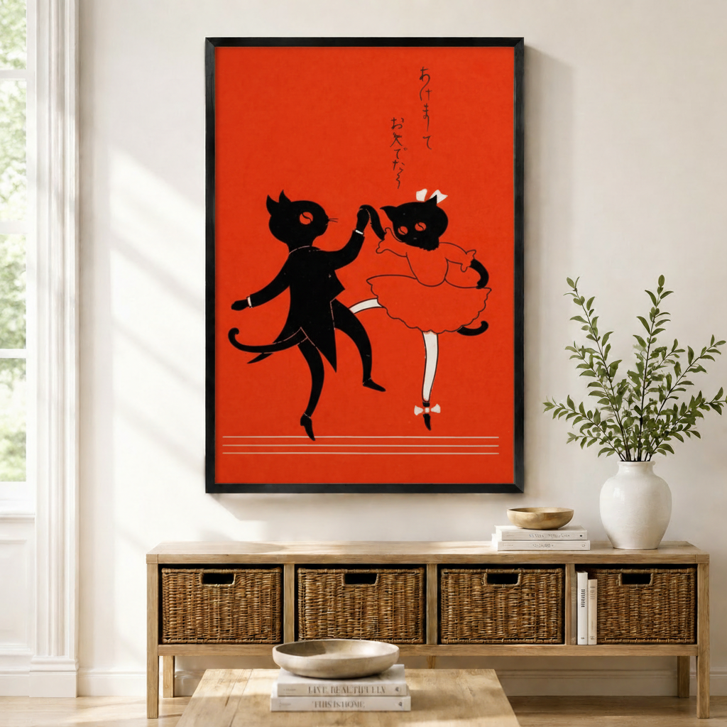 Japanese Retro Dancing Cats Canvas Wall Art