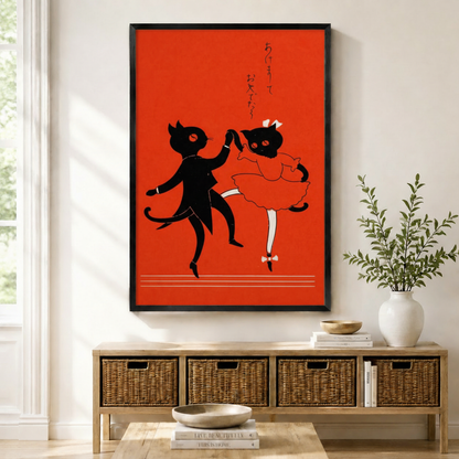 Japanese Retro Dancing Cats Canvas Wall Art