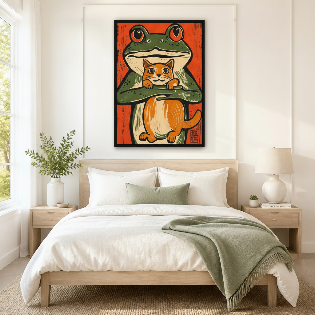 Japanese Woodblock Frog Cat Canvas Wall Art