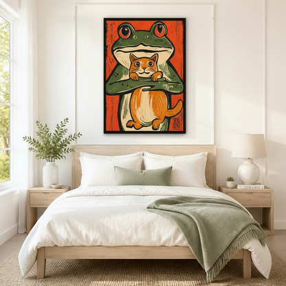 Japanese Woodblock Frog Cat Canvas Wall Art