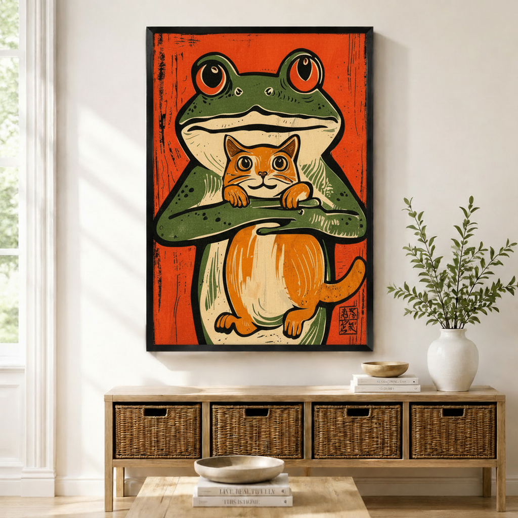 Japanese Woodblock Frog Cat Canvas Wall Art